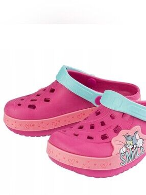 Kids Pink & Aqua Heart-Trim Clog Sandals with Cartoon Patch Sz7